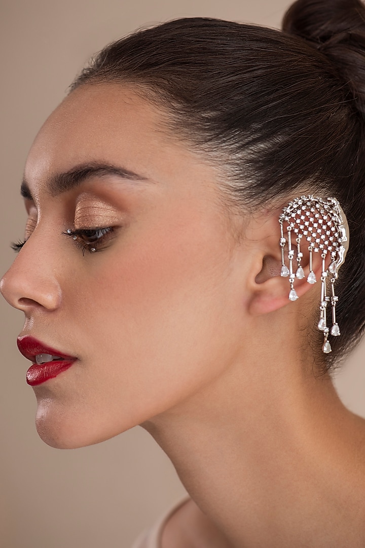 White Finish Swarovski Earcuffs In Sterling Silver by Opalina at Pernia's Pop Up Shop