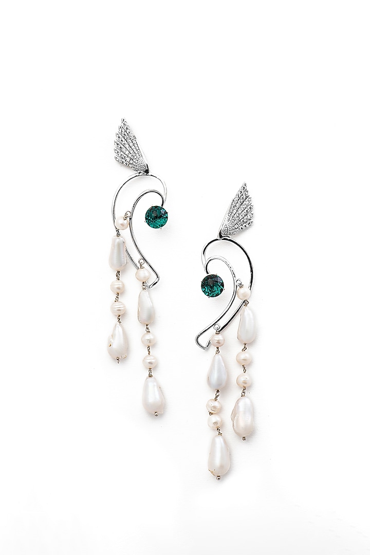 White Finish Swarovski Crystal & Pearl Dangler Earrings In Sterling Silver by Opalina at Pernia's Pop Up Shop