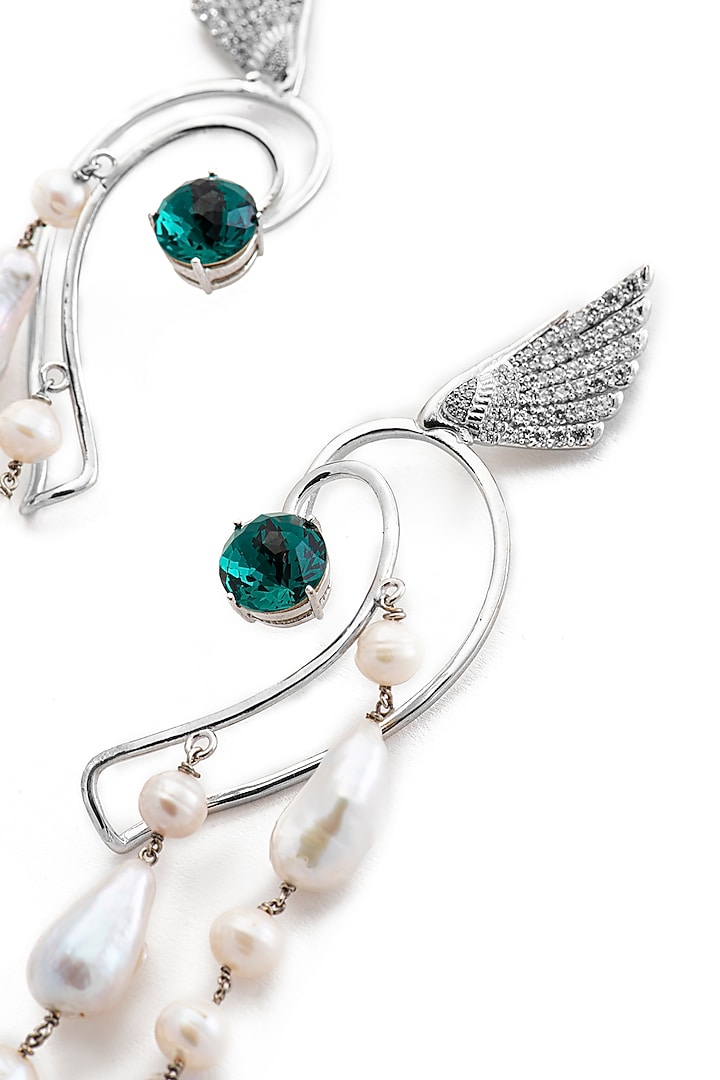 White Finish Swarovski Crystal & Pearl Dangler Earrings In Sterling Silver by Opalina at Pernia's Pop Up Shop