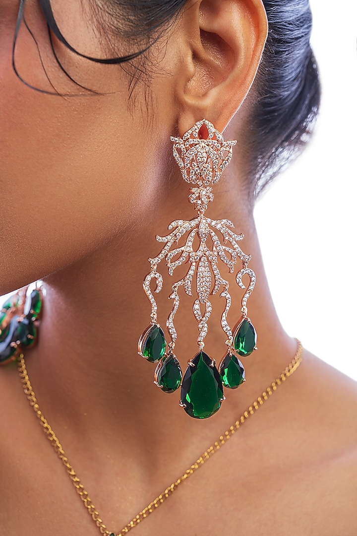 Gold Plated Emerald & Crystal Dangler Earrings by Opalina at Pernia's Pop Up Shop