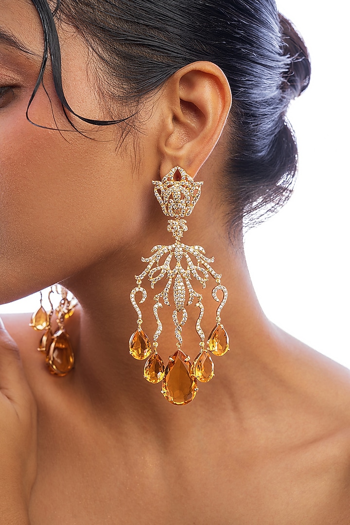 Gold Plated Citrine Stone & Crystal Dangler Earrings by Opalina at Pernia's Pop Up Shop