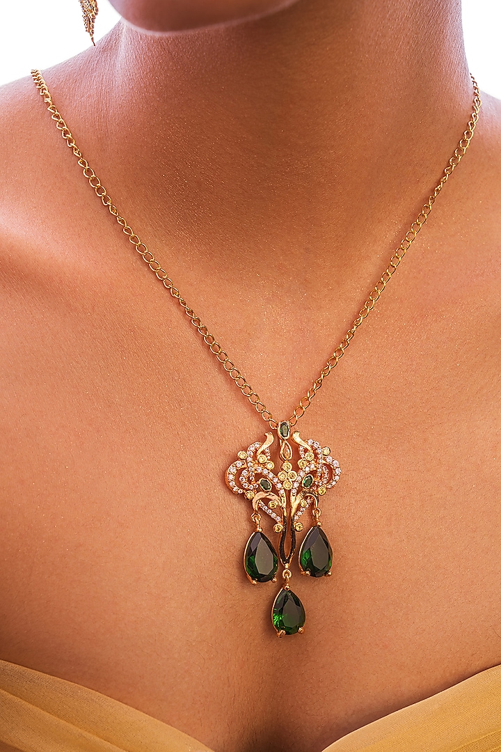 Gold Plated Emerald & Crystal Pendant Necklace by Opalina at Pernia's Pop Up Shop