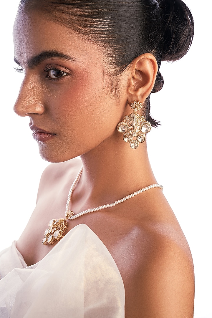 Gold Plated Kundan Polki & Crystal Hand Carved Dangler Earrings by Opalina at Pernia's Pop Up Shop