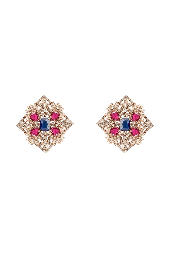 Rose Gold Plated Sapphire & Ruby Red Gemstone Stud Earrings by Opalina at Pernia's Pop Up Shop