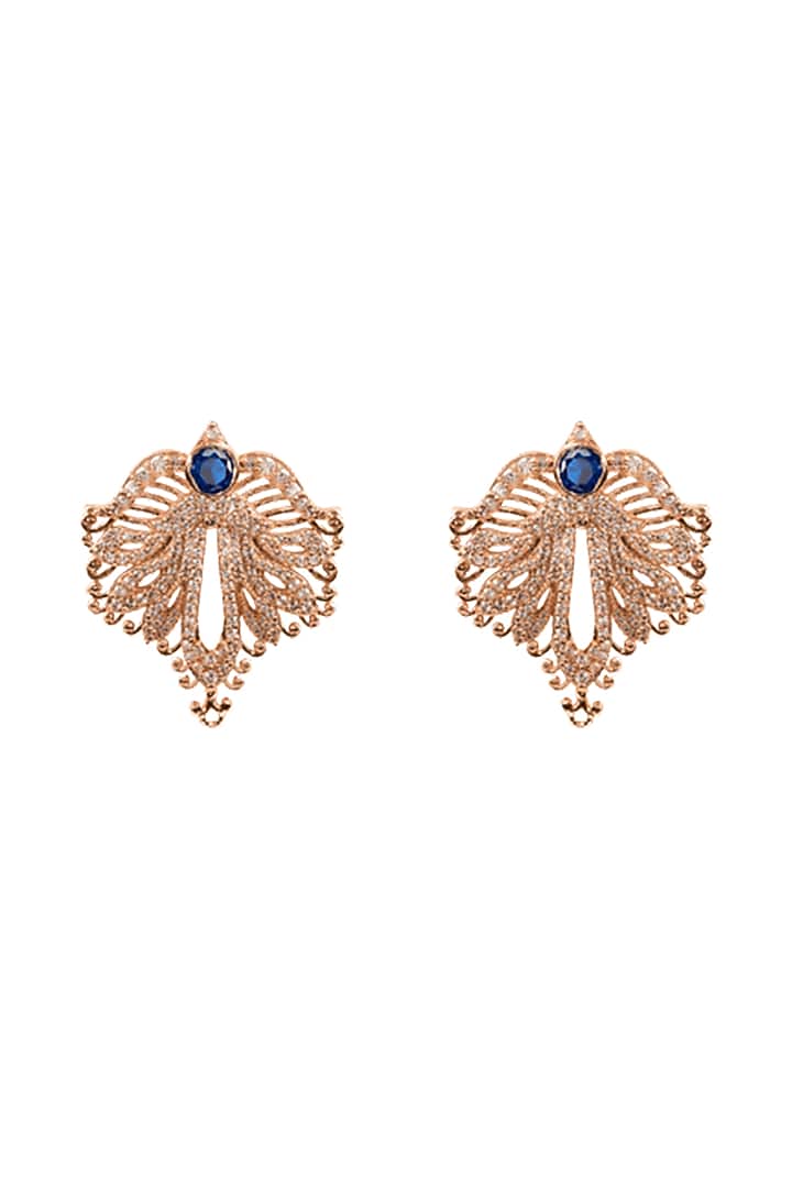 Rose Gold Plated Sapphire & Crystal Hand Carved Leave Stud Earrings by Opalina at Pernia's Pop Up Shop