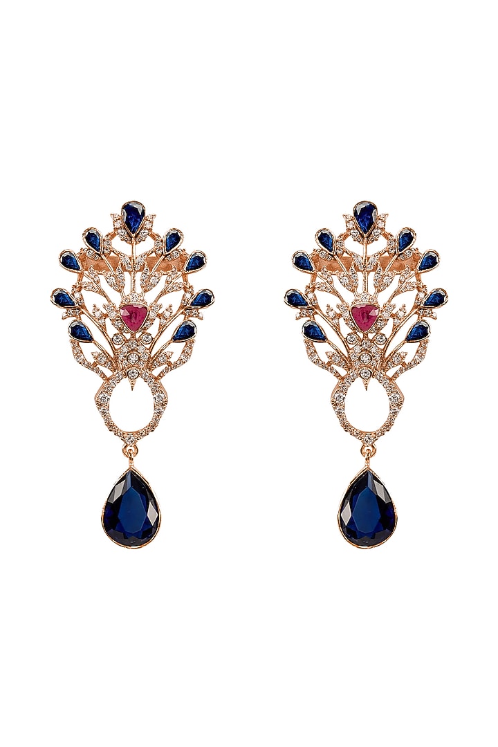 Rose Gold Plated Ruby Red Gemstone & Sapphire Dangler Earrings by Opalina at Pernia's Pop Up Shop