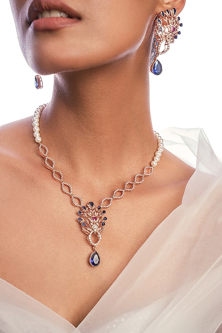 Rose Gold Plated Ruby Red Gemstone & Sapphire Long Necklace by Opalina at Pernia's Pop Up Shop
