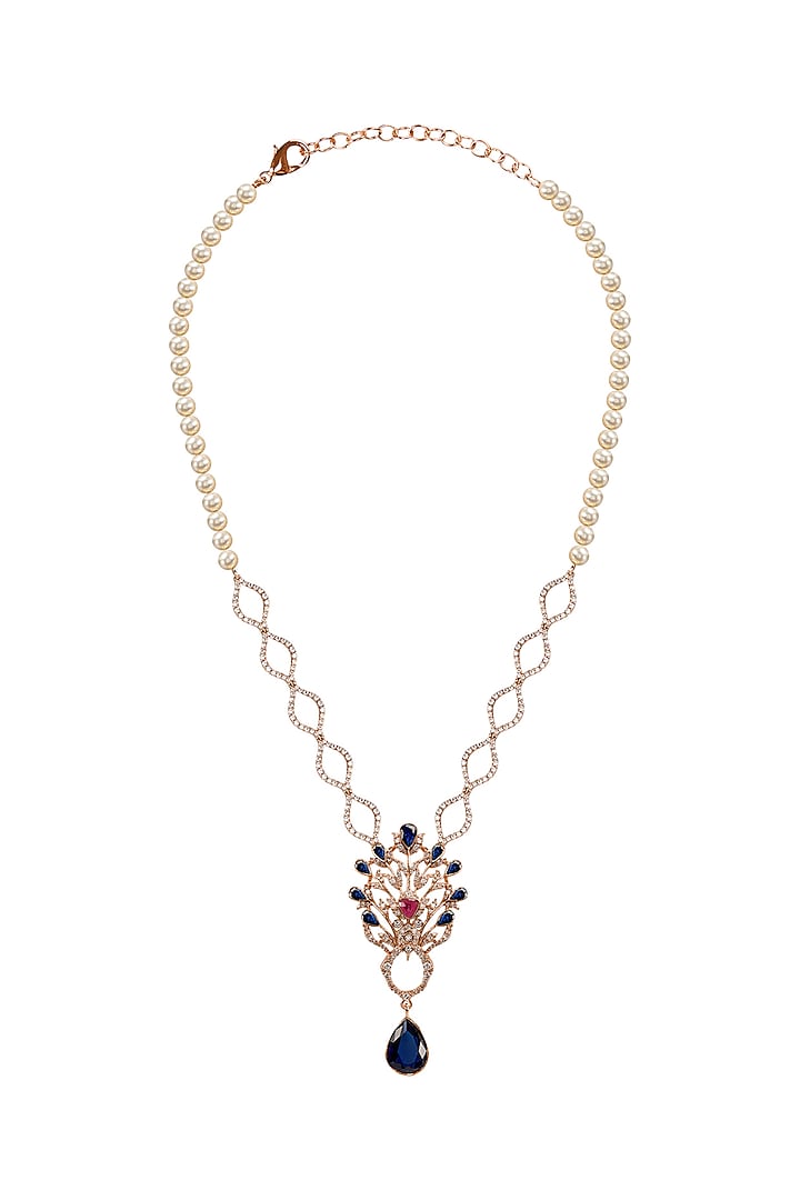 Rose Gold Plated Ruby Red Gemstone & Sapphire Long Necklace by Opalina at Pernia's Pop Up Shop