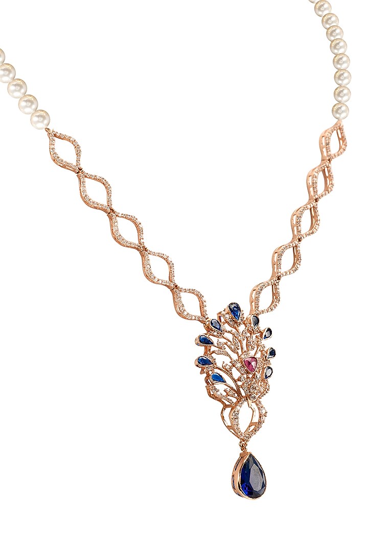 Rose Gold Plated Ruby Red Gemstone & Sapphire Long Necklace by Opalina at Pernia's Pop Up Shop