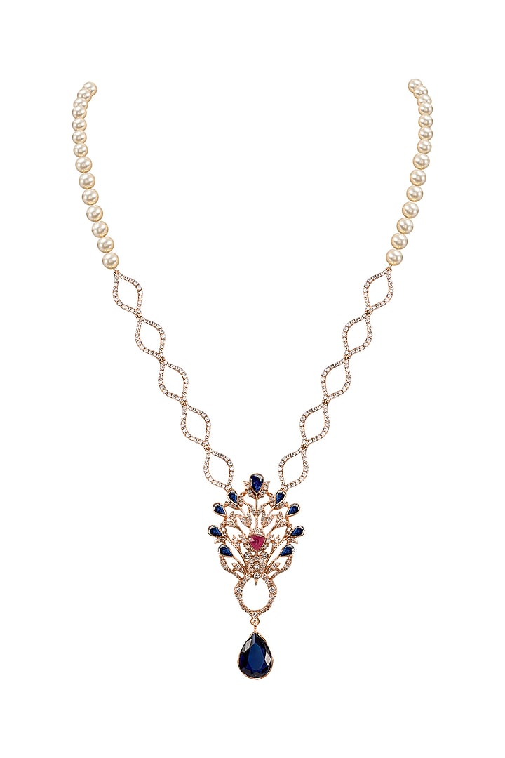 Rose Gold Plated Ruby Red Gemstone & Sapphire Long Necklace by Opalina at Pernia's Pop Up Shop