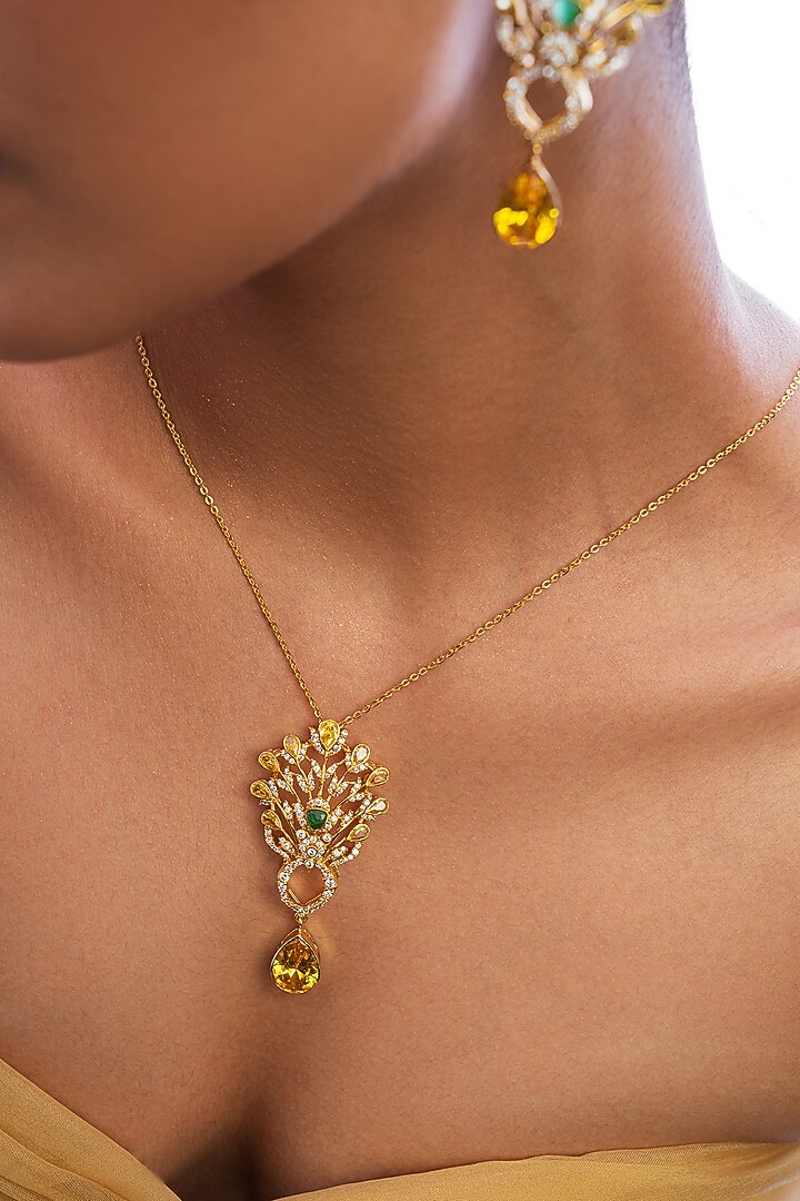 Gold Plated Emerald & Citrine Stone Pendant Necklace by Opalina at Pernia's Pop Up Shop