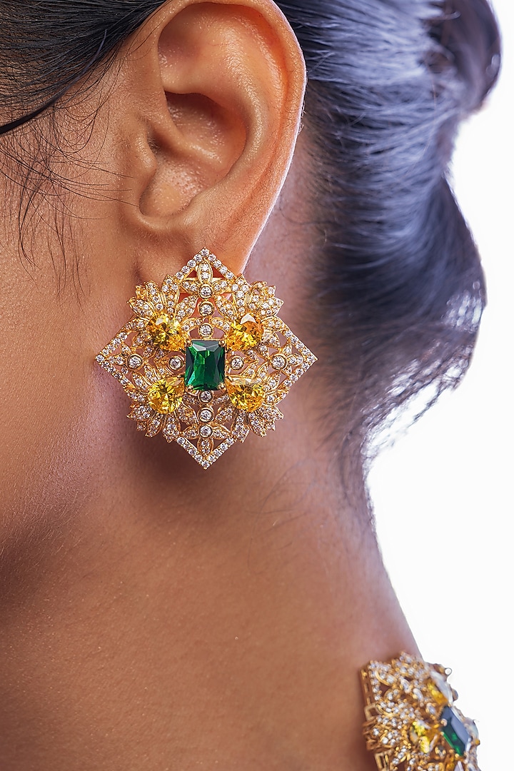 Gold Plated Emerald & Citrine Stone Stud Earrings by Opalina at Pernia's Pop Up Shop