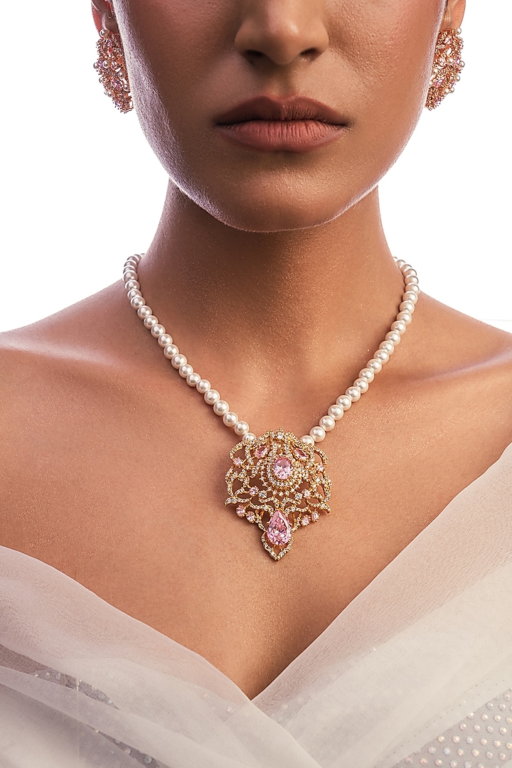 Gold Plated Rose Quartz & Swarovski Pearl Long Necklace by Opalina at Pernia's Pop Up Shop