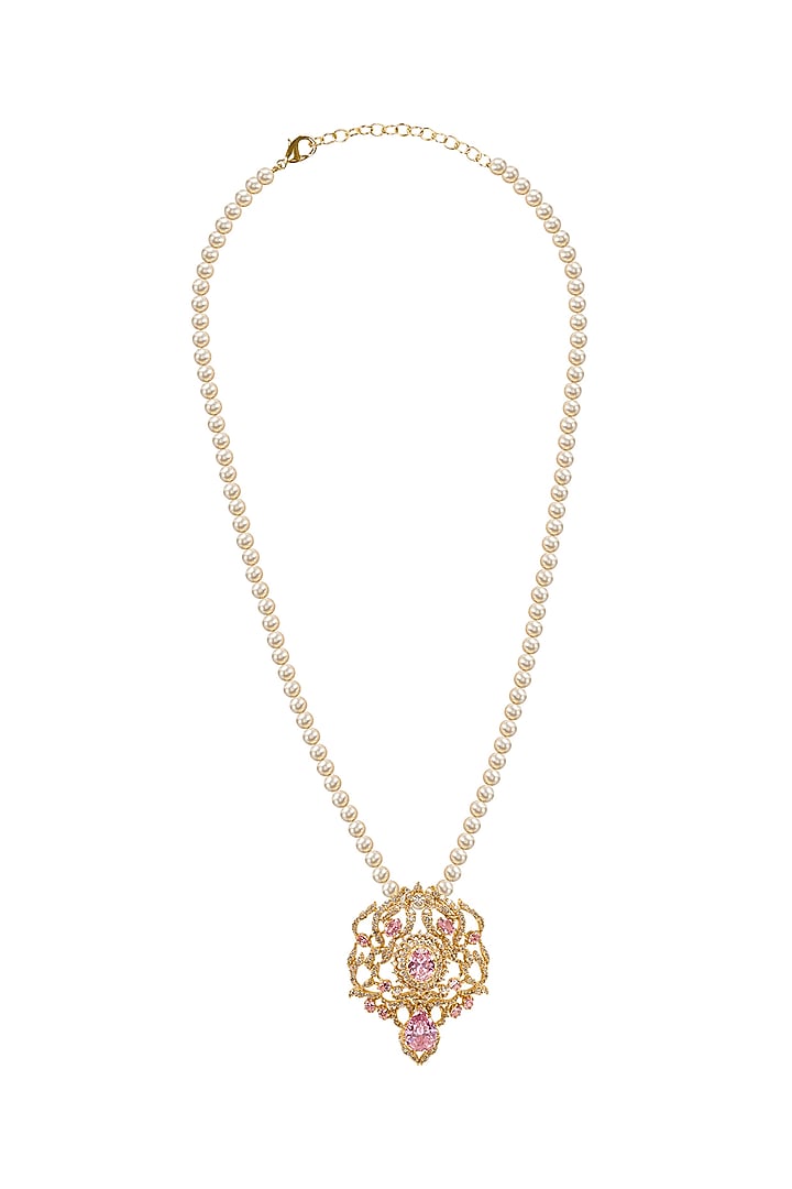 Gold Plated Rose Quartz & Swarovski Pearl Long Necklace by Opalina at Pernia's Pop Up Shop
