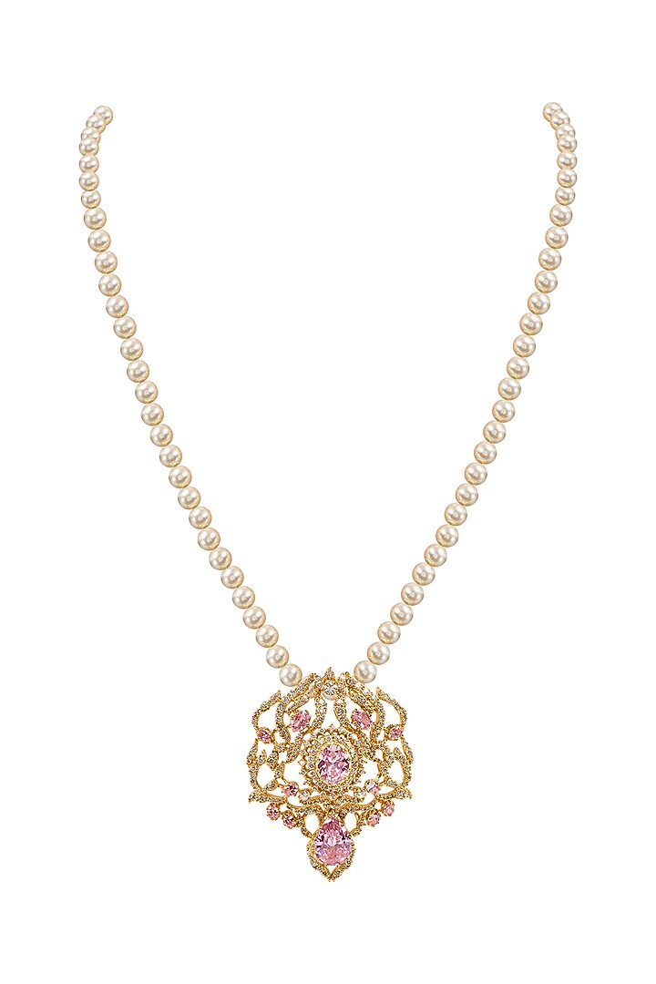 Gold Plated Rose Quartz & Swarovski Pearl Long Necklace by Opalina at Pernia's Pop Up Shop