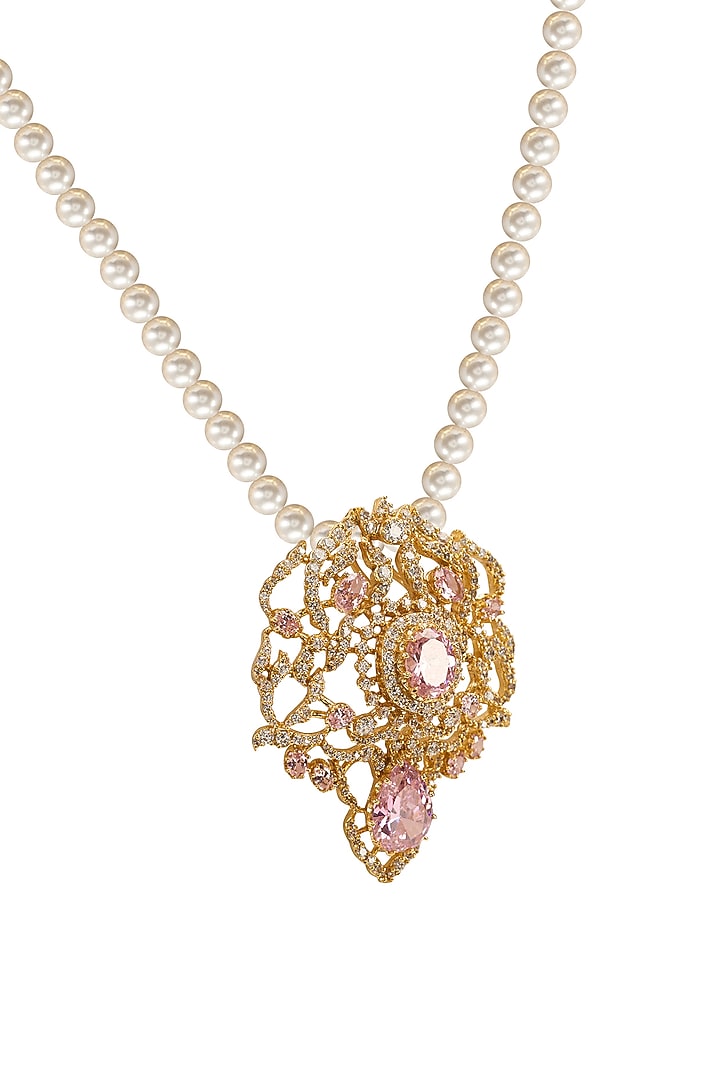 Gold Plated Rose Quartz & Swarovski Pearl Long Necklace by Opalina at Pernia's Pop Up Shop