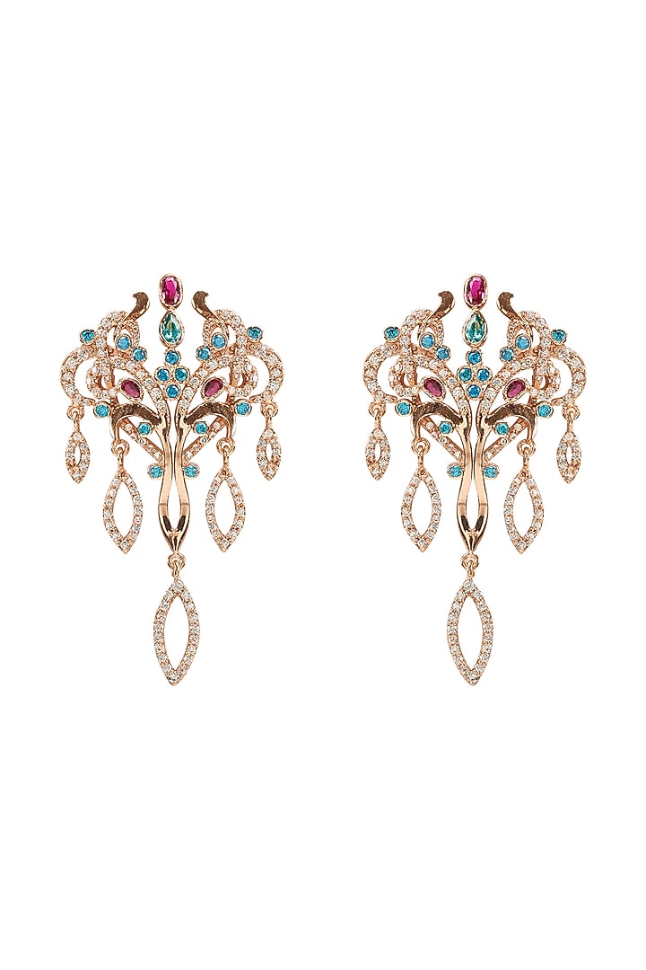 Gold Plated Aquamarine & Ruby Red Stone Dangler Earrings by Opalina at Pernia's Pop Up Shop