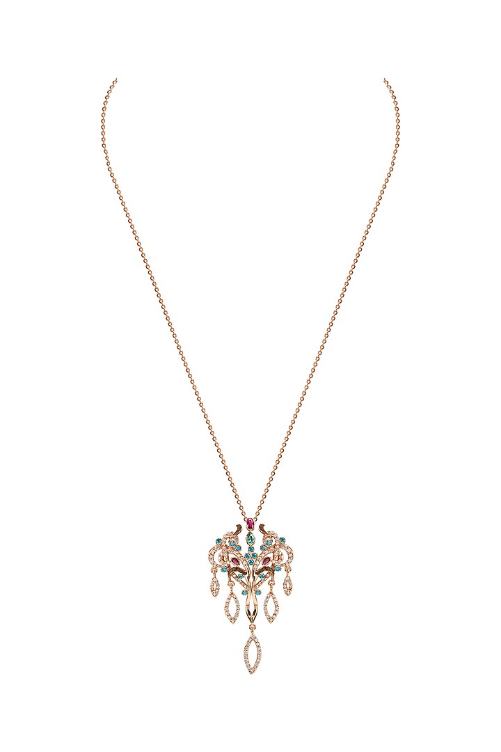 Gold Plated Aquamarine & Ruby Red Stone Pendant Necklace by Opalina at Pernia's Pop Up Shop