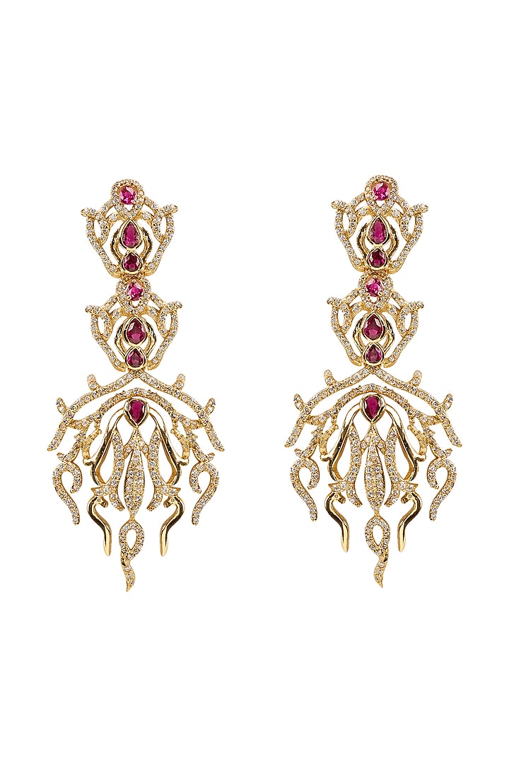 Gold Plated Ruby & Crystal Dangler Earrings by Opalina at Pernia's Pop Up Shop