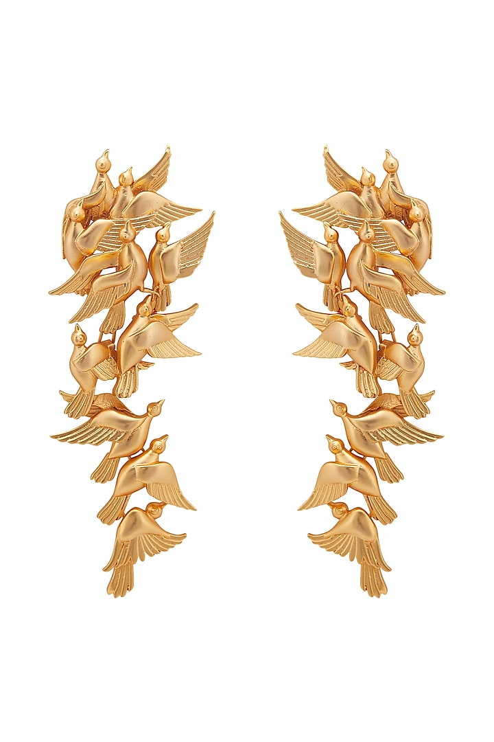 Matte Gold Plated Bird Long Earrings by Opalina