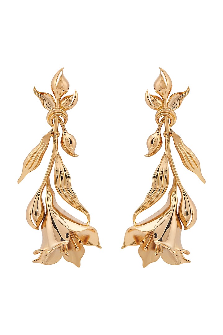 Gold Plated Floral Long Earrings by Opalina