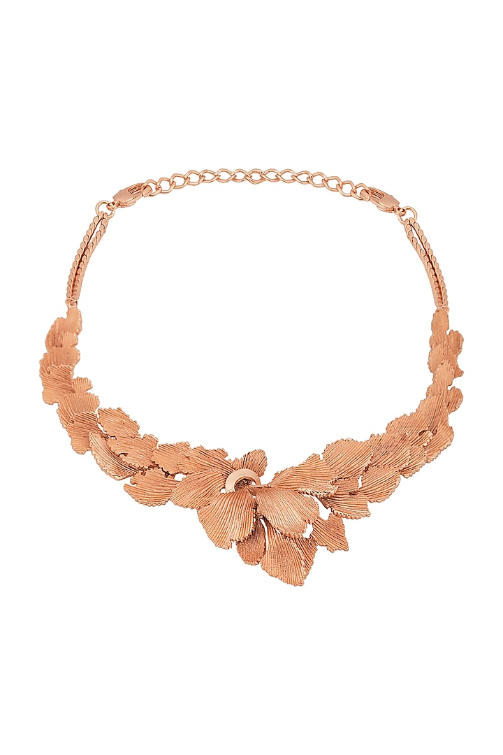 Rose Gold Plated Textured Leaves Necklace by Opalina