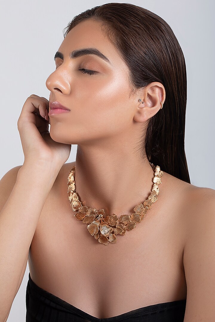 Rose Gold Plated Textured Leaves Necklace by Opalina at Pernia's Pop Up Shop