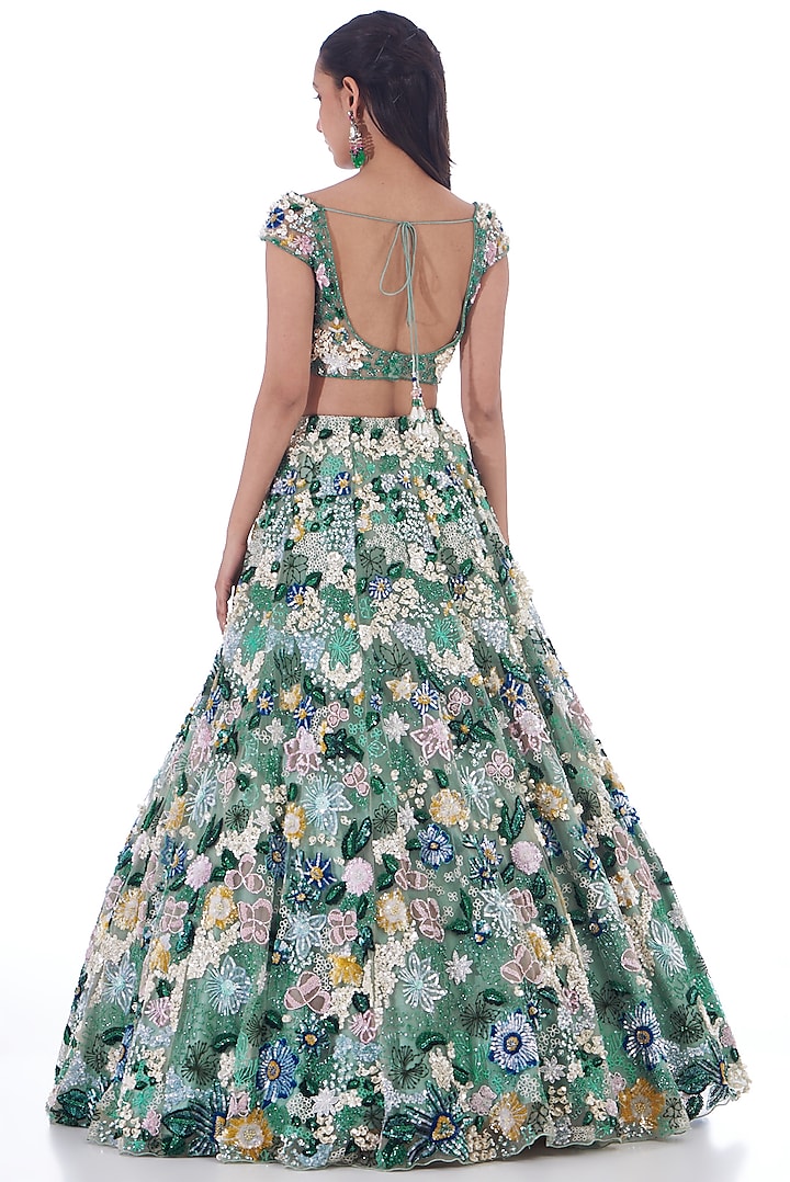 Sea Green Tulle Net Embroidered Bridal Lehenga Set by OPUS ATELIER at Pernia's Pop Up Shop