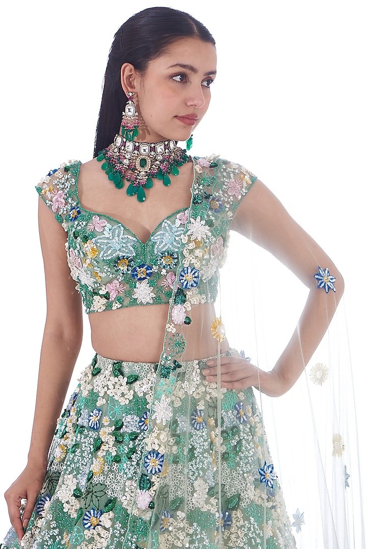 Sea Green Tulle Net Embroidered Lehenga Set by OPUS ATELIER