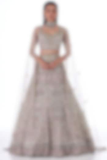 Beige Tulle Net Sequins Embroidered Lehenga Set by OPUS ATELIER