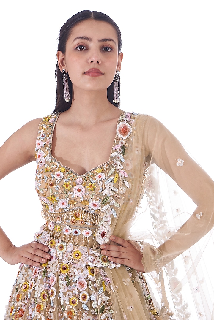 Peach Tulle Net Sequins Embroidered Lehenga Set by OPUS ATELIER