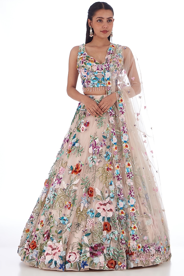 Multi-Colored Tulle Net Sequins Embroidered Bridal Lehenga Set by OPUS ATELIER at Pernia's Pop Up Shop
