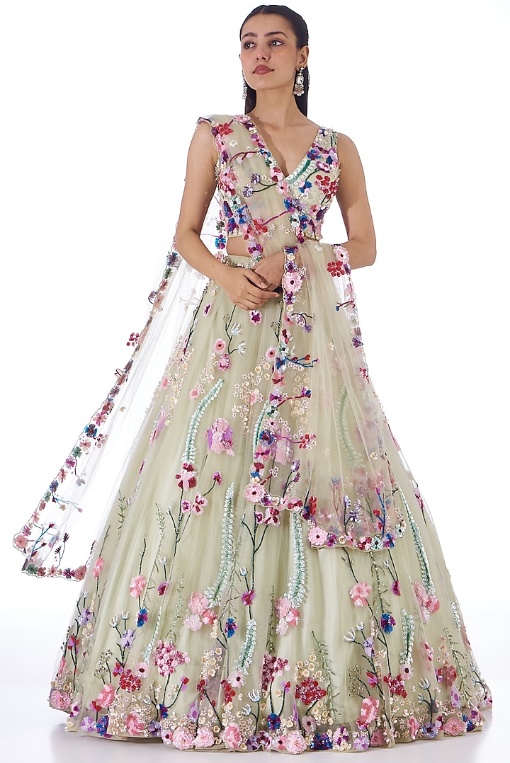 Mint Green Tulle Net Hand Embroidered Lehenga Set by OPUS ATELIER