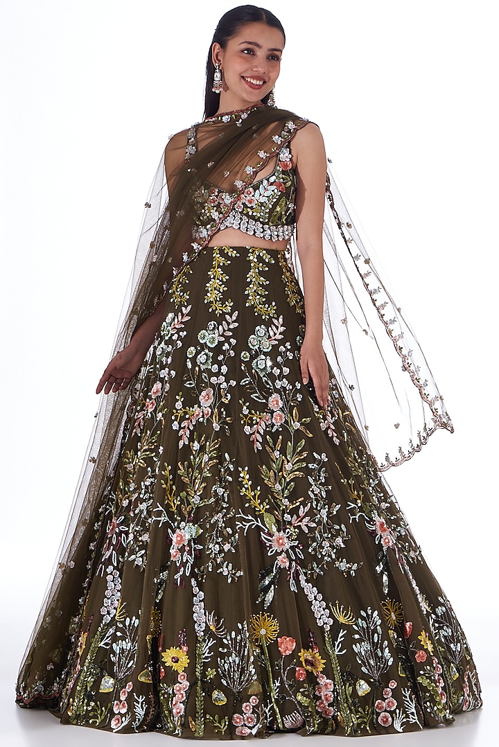 Mehendi Green Tulle Net Hand Embroidered Lehenga Set by OPUS ATELIER