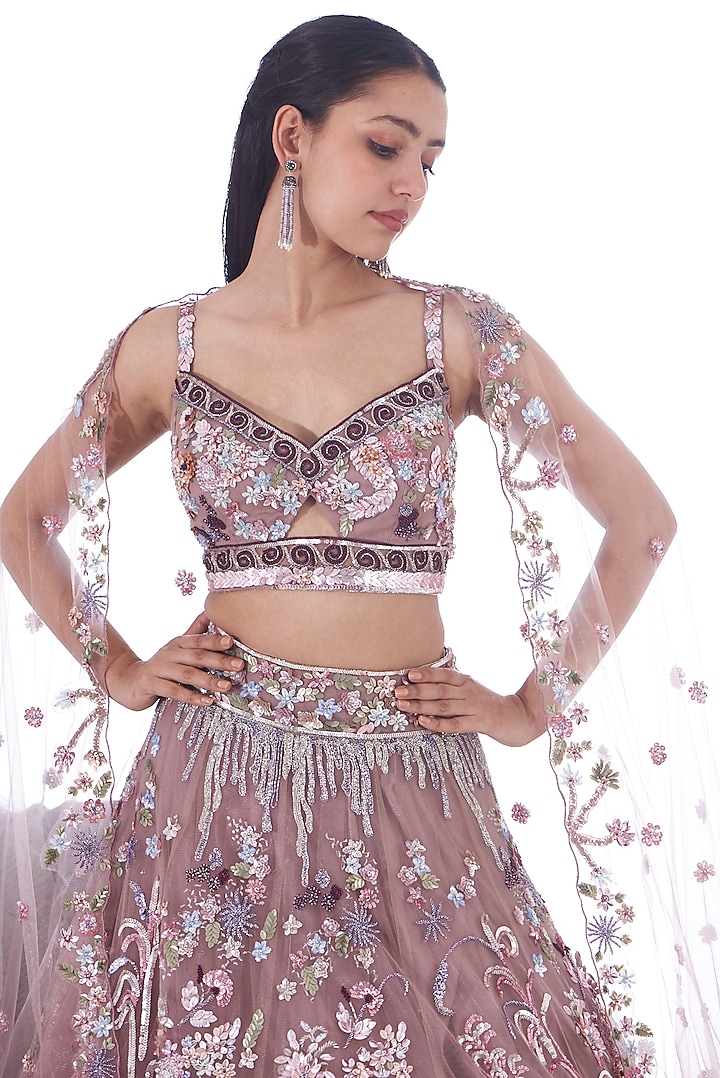 Mauve Tulle Net Sequins Hand Embroidered Lehenga Set by OPUS ATELIER