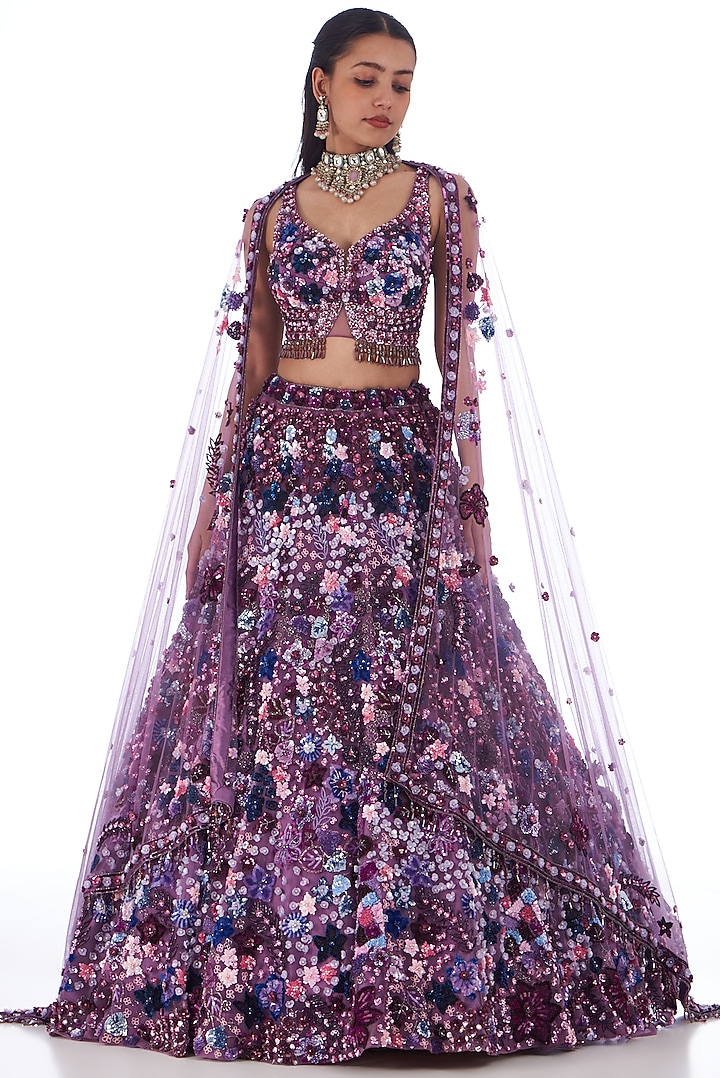 Deep Purple Tulle Net Hand Embroidered Bridal Lehenga Set by OPUS ATELIER at Pernia's Pop Up Shop