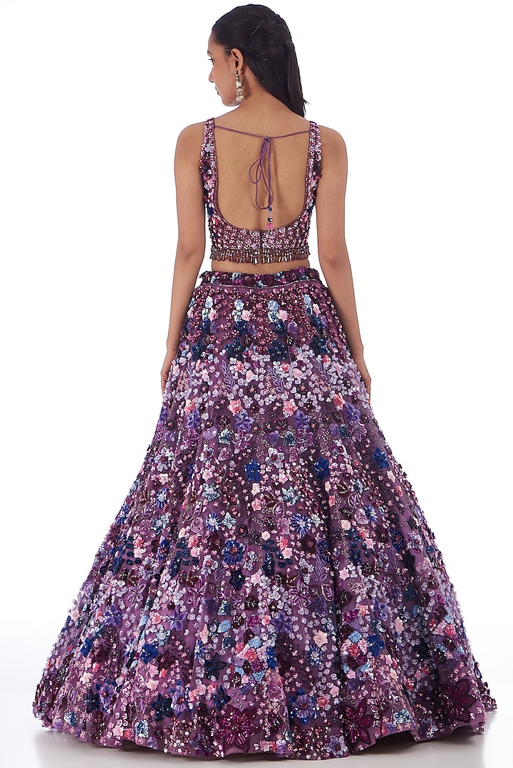 Deep Purple Tulle Net Hand Embroidered Bridal Lehenga Set by OPUS ATELIER at Pernia's Pop Up Shop