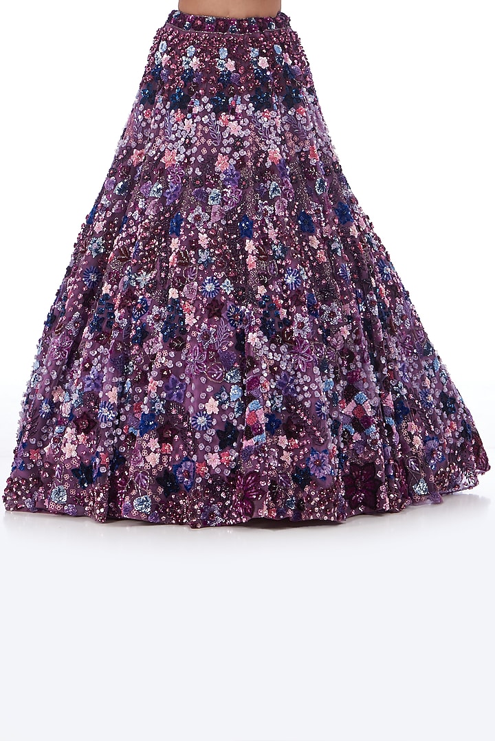 Deep Purple Tulle Net Hand Embroidered Bridal Lehenga Set by OPUS ATELIER at Pernia's Pop Up Shop