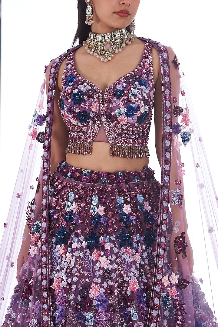 Deep Purple Tulle Net Hand Embroidered Bridal Lehenga Set by OPUS ATELIER at Pernia's Pop Up Shop