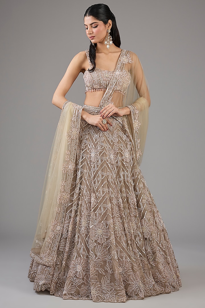 Dull Gold Net Sequins Hand Embroidered Bridal Lehenga Set by OPUS ATELIER at Pernia's Pop Up Shop