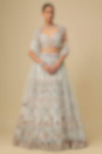 Powder Blue & Peach Net Hand Embroidered Bridal Lehenga Set by OPUS ATELIER at Pernia's Pop Up Shop