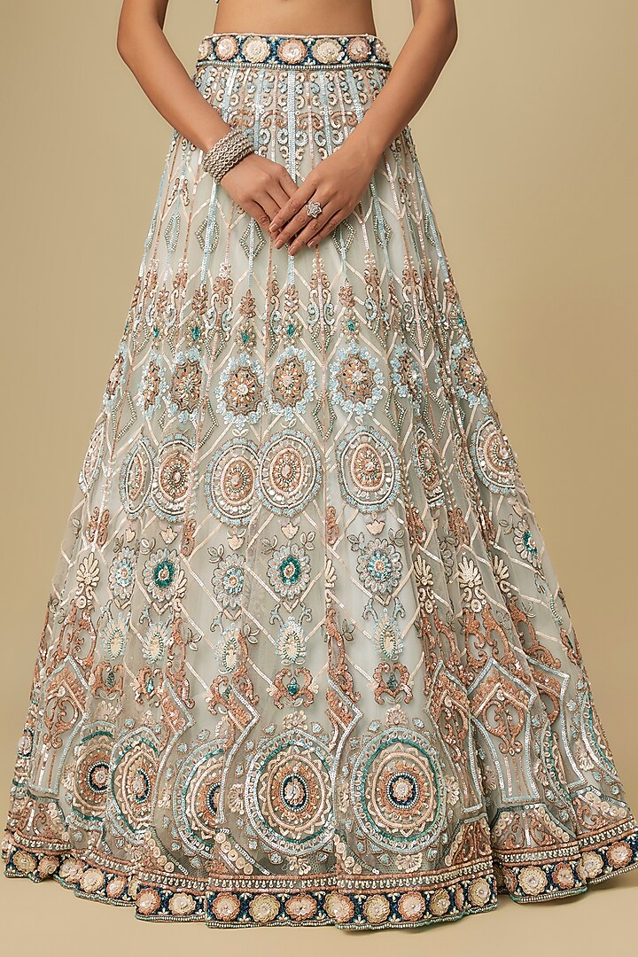 Powder Blue & Peach Net Hand Embroidered Bridal Lehenga Set by OPUS ATELIER at Pernia's Pop Up Shop