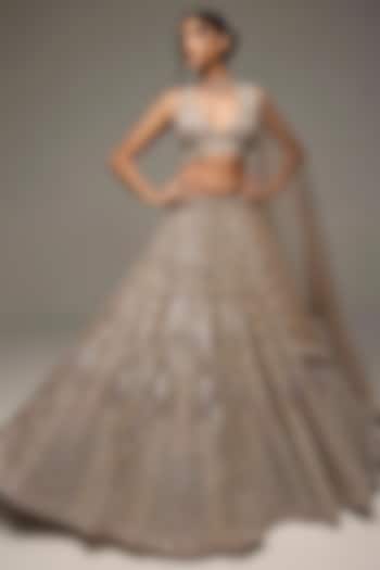 Grey Tulle Net Sequins Hand Embroidered Bridal Lehenga Set by OPUS ATELIER at Pernia's Pop Up Shop