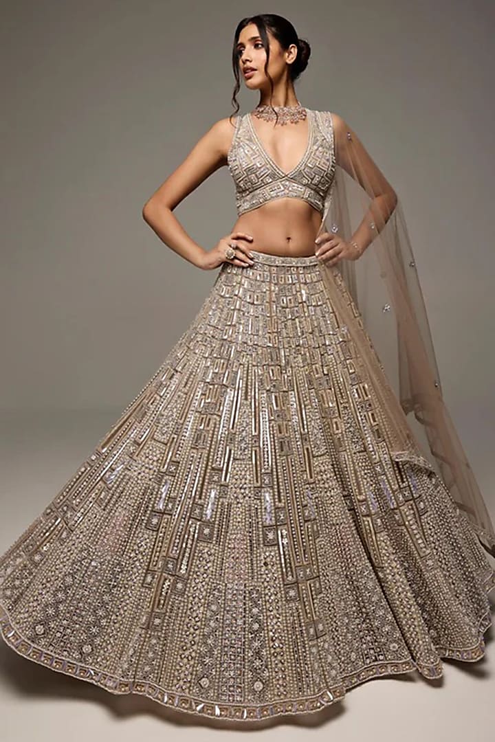 Grey Tulle Net Sequins Hand Embroidered Bridal Lehenga Set by OPUS ATELIER at Pernia's Pop Up Shop