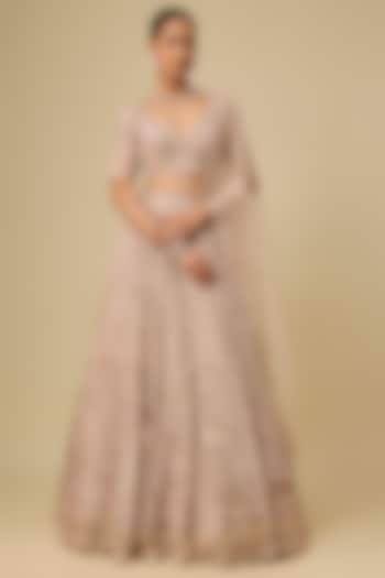 Grey & Peach Net Hand Embroidered Bridal Lehenga Set by OPUS ATELIER at Pernia's Pop Up Shop