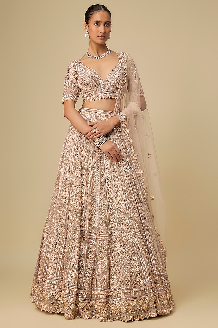 Grey & Peach Net Hand Embroidered Bridal Lehenga Set by OPUS ATELIER at Pernia's Pop Up Shop