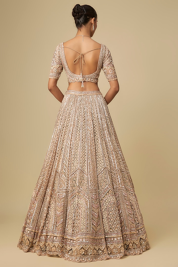 Grey & Peach Net Hand Embroidered Bridal Lehenga Set by OPUS ATELIER at Pernia's Pop Up Shop