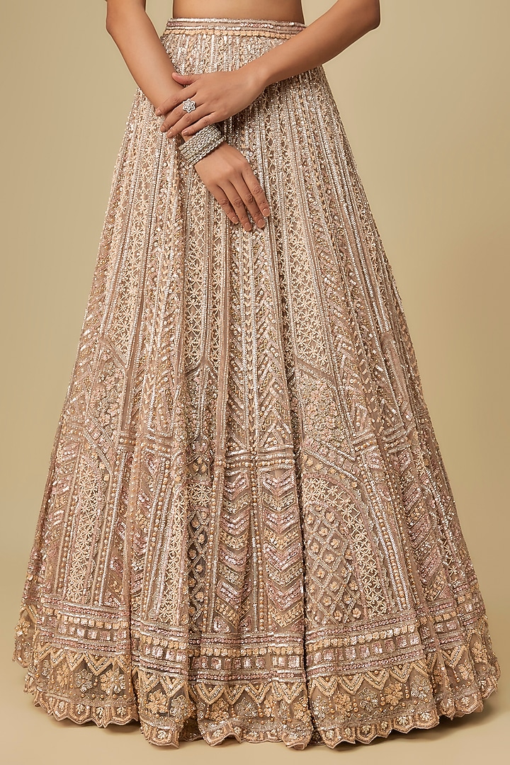 Grey & Peach Net Hand Embroidered Bridal Lehenga Set by OPUS ATELIER at Pernia's Pop Up Shop