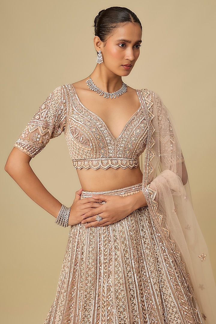 Grey & Peach Net Hand Embroidered Bridal Lehenga Set by OPUS ATELIER at Pernia's Pop Up Shop