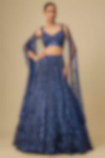 Deep Metallic Navy Blue Net Hand Embroidered Bridal Lehenga Set by OPUS ATELIER at Pernia's Pop Up Shop